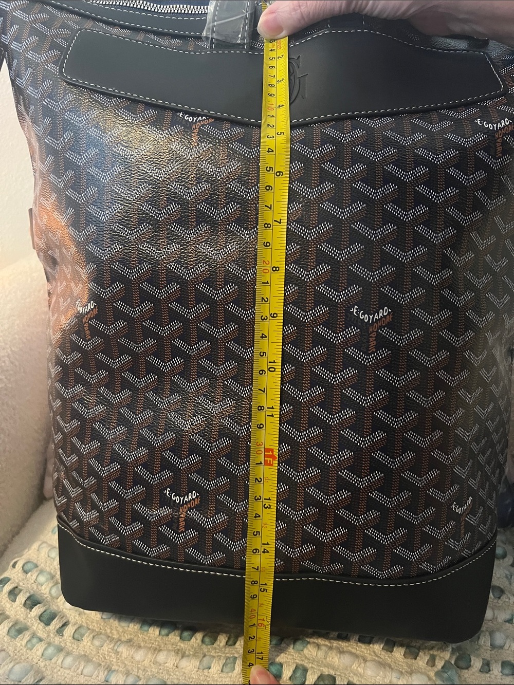 INSPIRED Brown chevron Patterned Backpack w/ dark Navy trim & Yellow lining. - Picture 7 of 8